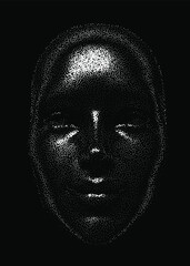 Aufkleber - Silhouette of a 3d human head made of dots and particles. Concept of Artificial intelligence and Neural Network.