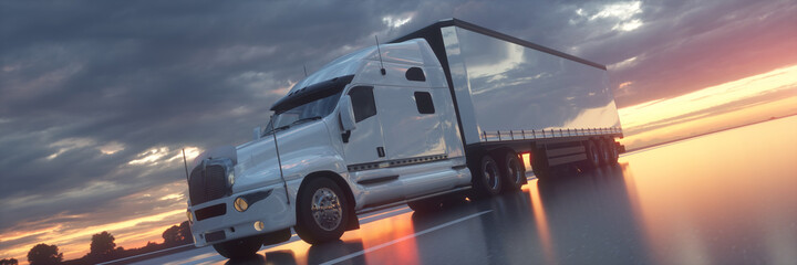 Semi Truck In Motion. Truck closeup on a highway. Trucking business concept. 3d rendering