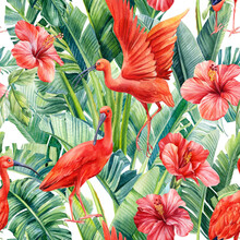 Tropical Leaves Palm, Hibiscus Flowers And Ibis Birds On An Isolated Background. Watercolor Seamless Pattern