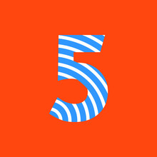 Number 5 Texture Of Curved Lines In White And Blue On Orange Background For Party, Editable Vector