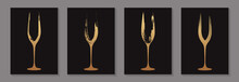 Modern Abstract Luxury Card Templates For Champagne Tasting Invitation Or Bar And Restaurant Menu Or Banner Or Logo With Golden Glasses In Grunge Style On A Black Background.