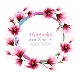 Poster - Beautiful pink magnolia getting card. Vector.