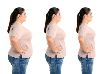 Canvas Print - Woman before and after weight loss on white background, collage