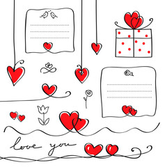 Wall Mural - Hearts and love concept. Set of cute hand drawn design elements for Valentine's day theme card, poster, banner