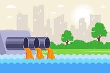 Urban Wastewater Is Discharged Through Pipes Into The River. Contamination Of Water From Factories. Flat Vector Illustration.