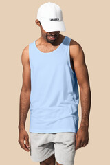 Wall Mural - African American man wearing white tank top with white cap