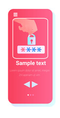 Poster - hand holding padlock entering password mobile app protection data privacy security concept