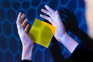 Wall Mural - Woman showing yellow interface hologram