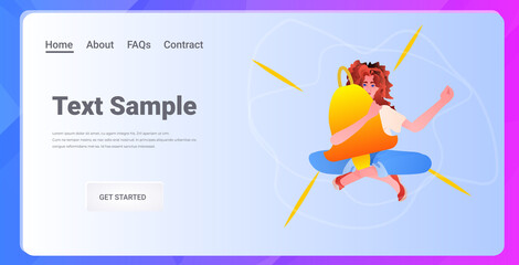 Poster - woman holding notification bell social media icon online communication concept full length