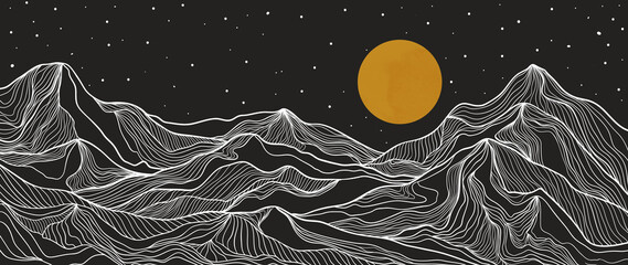 Wall Mural - landscape wallpaper design with golden mountain line arts, luxury background design for cover, invit