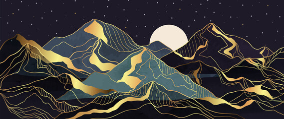 Wall Mural - landscape wallpaper design with golden mountain line arts, luxury background design for cover, invit