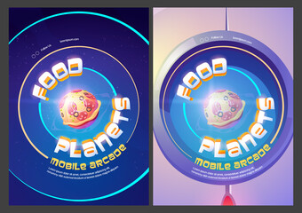 Poster - Food planets mobile arcade, cosmic fantasy game with pizza sphere in outer space porthole view. Adventure in cosmos, funny galaxy world ui graphic design, onboard screens Cartoon vector Illustration