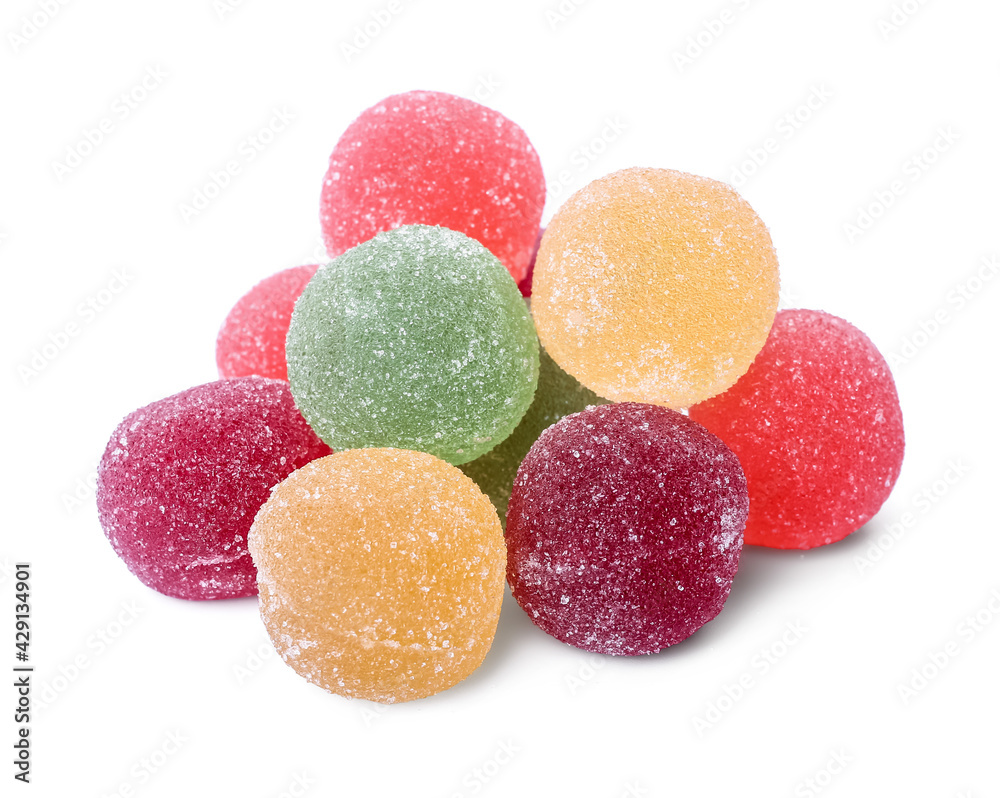 Tasty jelly candies on white background