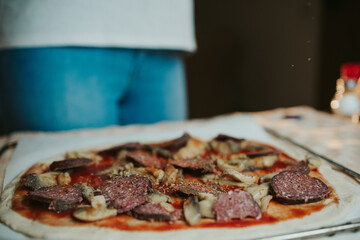 Wall Mural - Closeup shot of an uncooked pizza with mushrooms