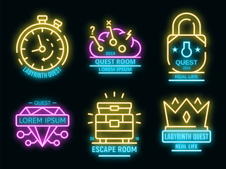 Poster - Quest game icons set. Outline set of quest game vector icons neon color on white