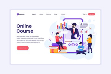 Wall Mural - Landing page design concept of Online learning, Students learning online video courses on a giant smartphone. vector illustration