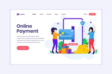 Poster - Landing page design concept of Mobile payment or money transfer concept with women using mobile phone making a payment transaction. vector illustration
