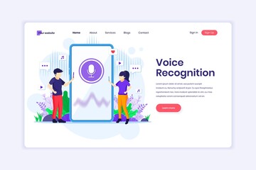 Poster - Landing page design concept of Voice recognition, voice security identification. Digital Voice assistant. vector illustration