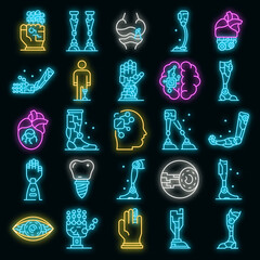 Poster - Artificial limbs icons set. Outline set of artificial limbs vector icons neon color on white