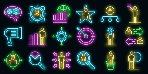 Poster - Managing skills icons set. Outline set of managing skills vector icons neon color on white