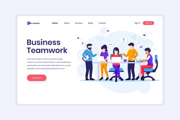 Fototapete - Landing page design concept of Business teamwork, people working in table meeting and the co-working office. vector illustration