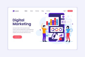 Fototapete - Landing page design concept of Digital Marketing, People with graphic charts and giant smartphone. vector illustration