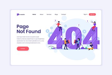 Poster - landing page design concept of 404 error page not found with people trying to fix error on a web pag
