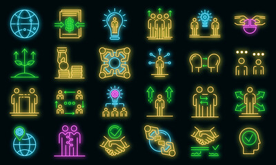 Poster - Business cooperation icons set. Outline set of business cooperation vector icons neon color on black