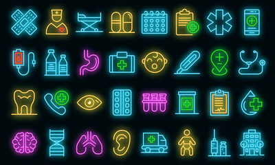 Poster - Pediatric clinic icons set. Outline set of pediatric clinic vector icons neon color on black
