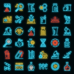 Poster - Chemical laboratory experiment icons set. Outline set of chemical laboratory experiment vector icons neon color on black