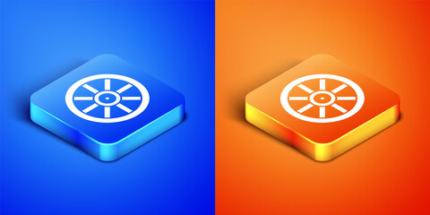 Canvas Print - Isometric Old wooden wheel icon isolated on blue and orange background. Square button. Vector