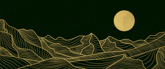 landscape wallpaper design with golden mountain line arts, luxury background design for cover, invit
