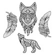 Abstract wolf, wolf head and feathers in ethnic style, coloring page