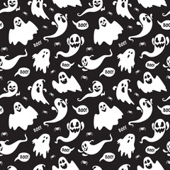 Wall Mural - Cute ghost boo holiday character seamless pattern flat style design vector illustration set isolated on dark background. Halloween haunted boo spooky symbol flying above the ground.