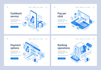 Poster - Set of blue and white vector illustrations of web banners representing various convenient online operations with money in modern world. 3D isometric web banners, landing page templates
