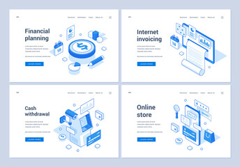 Poster - Set of blue and white vector illustrations of web banners advertising assorted electronic money and cash operations in modern world. 3D isometric web banners, landing page templates