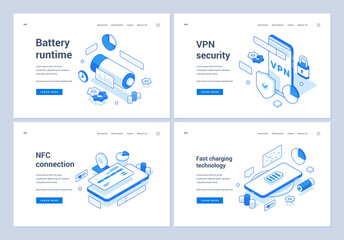 Poster - Set of blue and white vector illustration of banners representing assorted innovative features for contemporary devices convenient in everyday usage. 3D isometric web banners, landing page templates