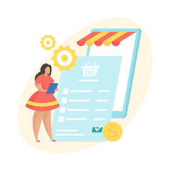 Poster - Pending payment. Flat vector illustration. Digital shopping order processing status icon. Female cartoon character standing and examining invoice