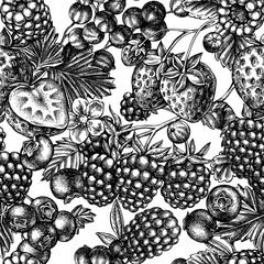 Wall Mural - Seamless pattern with black and white strawberry, blueberry, red currant, raspberry, blackberry