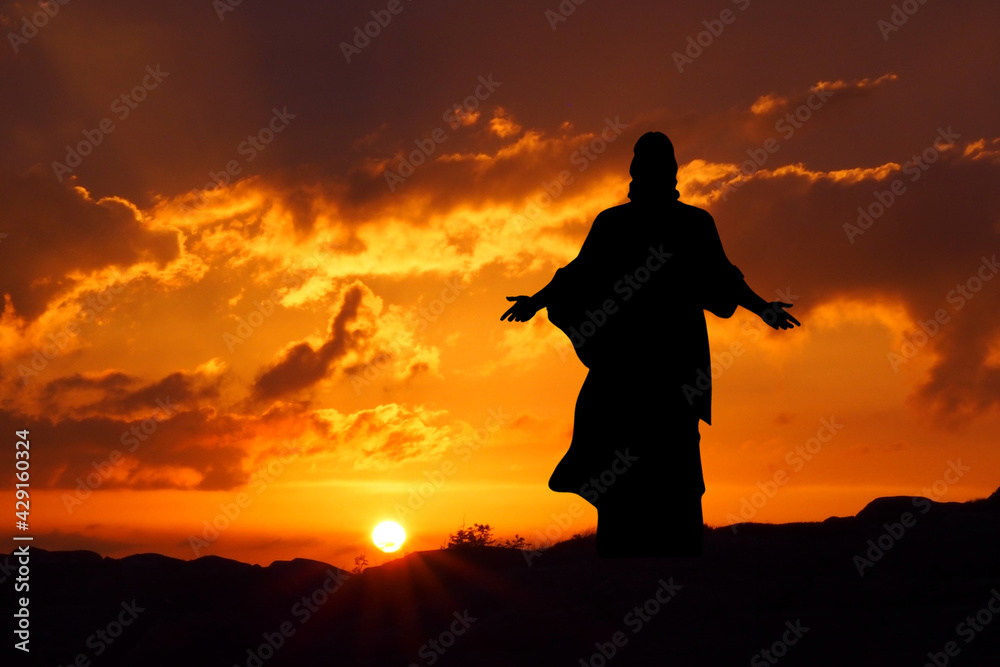 Jezus zmartwychwstały o wschodzie słońca - obrazy, fototapety, plakaty 