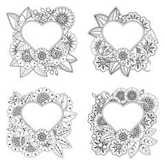 Set of Mehndi flower for henna, mehndi, tattoo, decoration. decorative ornament in ethnic oriental style. doodle ornament. outline hand draw illustration. coloring book page.