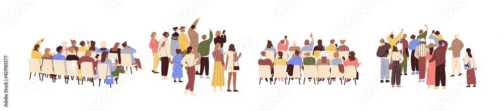 Rear view of academic auditorium, fan audience, people s crowd. Set of spectator's backs. Backside of characters sitting and standing. Colored flat graphic vector illustration isolated on white - obrazy, fototapety, plakaty 