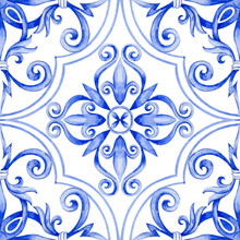 The Blue Pattern On The Tiles Is Hand-drawn In Watercolour, A Seamless Floral Pattern.