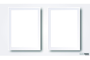 Two realistic blank white photo frames isolated on a central gray background vector EPS10 illustration.