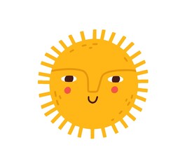 Poster - Cute happy smiling sun with funny face. Hot summer sunny weather icon. Children's Scandinavian doodle drawing. Childish colored flat graphic vector illustration isolated on white background