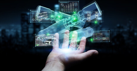 Poster - Man hand holding and touching green renewable energy battery 3D rendering