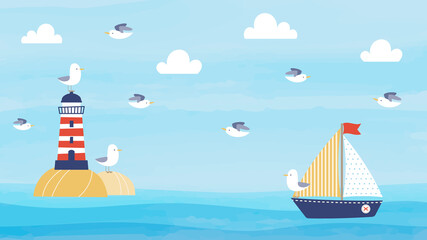Horizontal summer background design with cartoon lighthouse, sailboat, and seagulls. Nautical background design for web banner, wallpaper, video, social media header, and more.