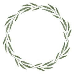  Delicate wreath of green leaves on a white background. Watercolor illustration of a round frame made of twigs with leaves, with place for text. Isolated wreath for invitations, greeting card