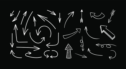 Wall Mural - vector sketched design elements set isolated on black background, white lines, chalk drawn illustrat