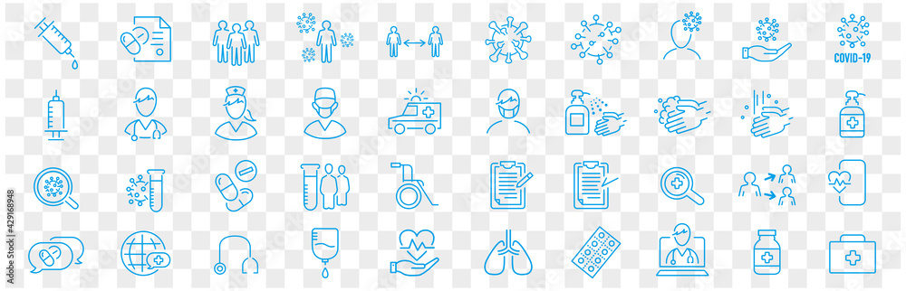 Set of Coronavirus and Vaccine line icons, covid19, Medical mask, health, contagious, epidemic, outbreak, Vector - obrazy, fototapety, plakaty 